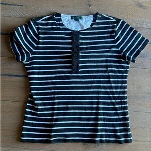90s Ralph Lauren Black and White Striped Tee With Button Accents
